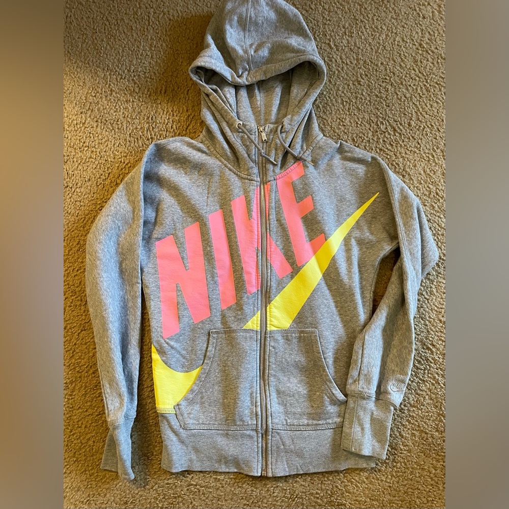 Nike Women’s XS Gray Zip Up Hoodie with Pink and Yellow Design